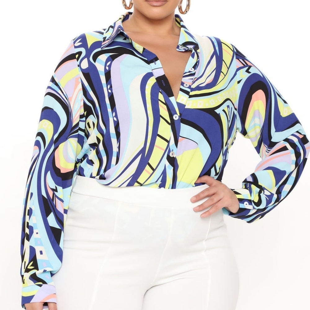 Somaya Satin Shirt - Blue/combo Size 3x NWT
